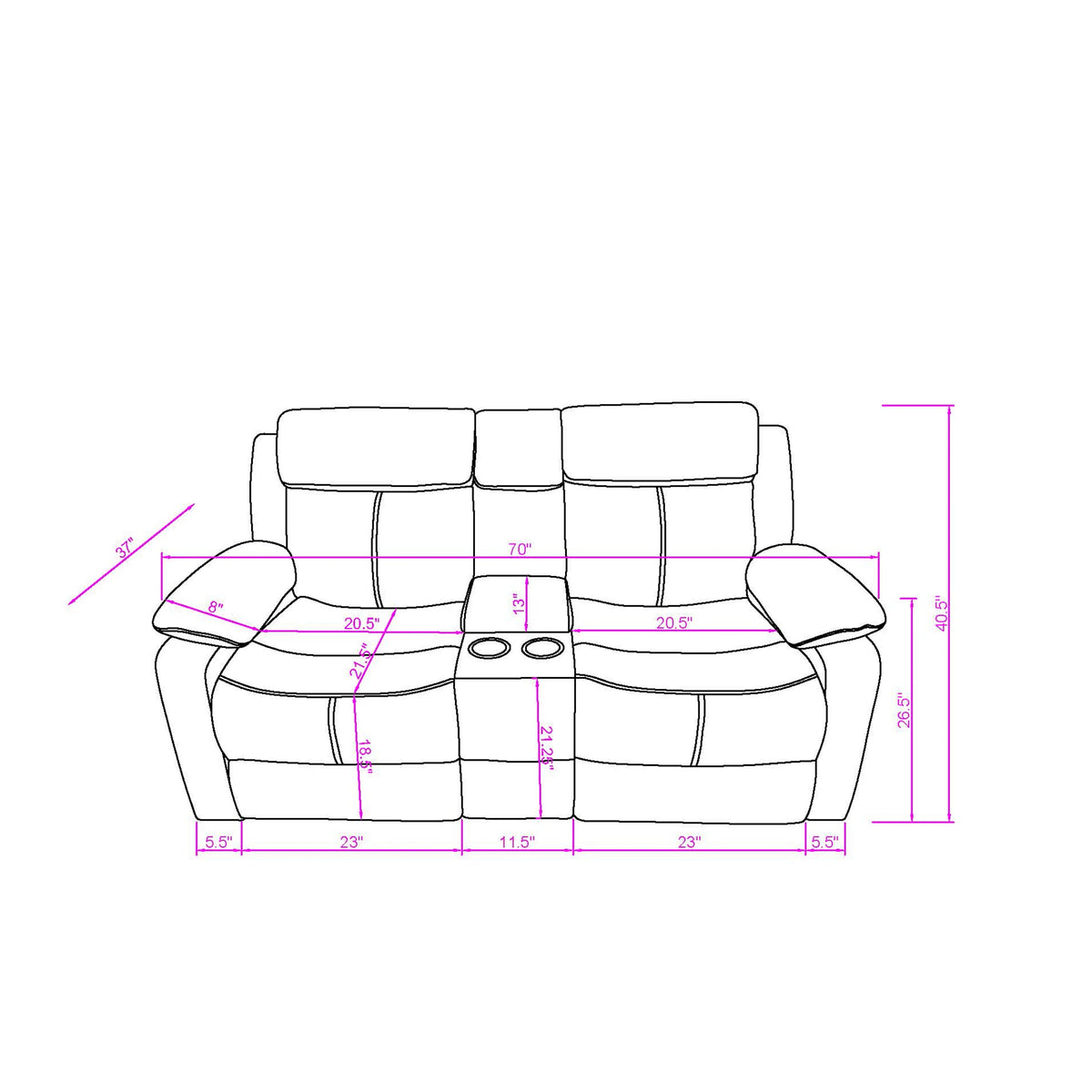 Blanche Black 2PC Modern Adjustable Reclining Sofa and Loveseat with LED Lights and Speakers Eco-Friendly Living Room Set