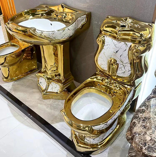 Bathroom Ceramic Cylindrical Wash Basin Gold Toilet Set