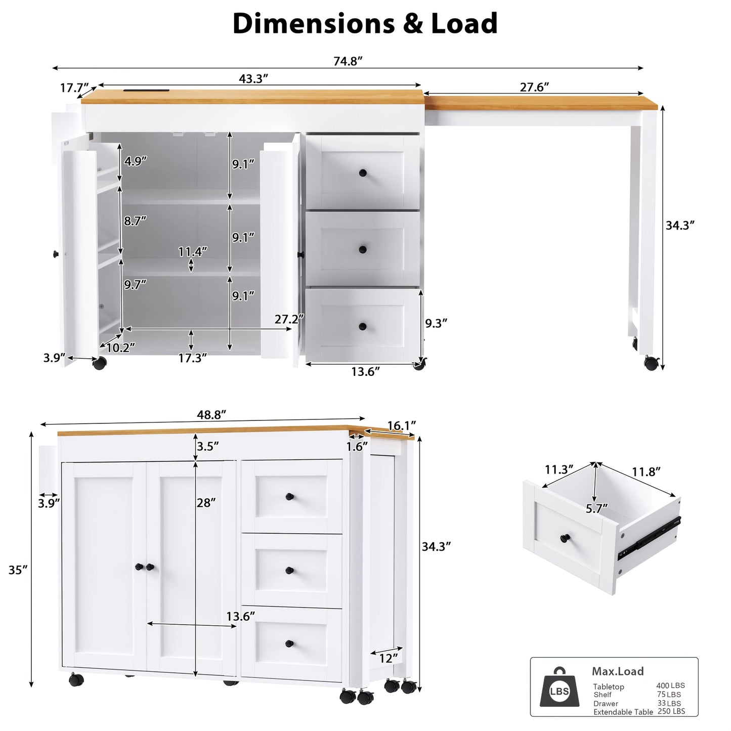 Rolling Kitchen Island On Wheels with Extendable