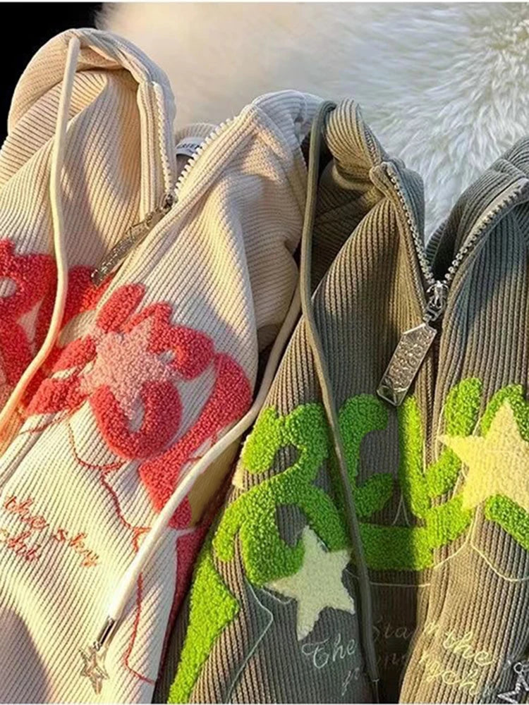 Corduroy Embroidery Loose Hoodies Women Autumn Long