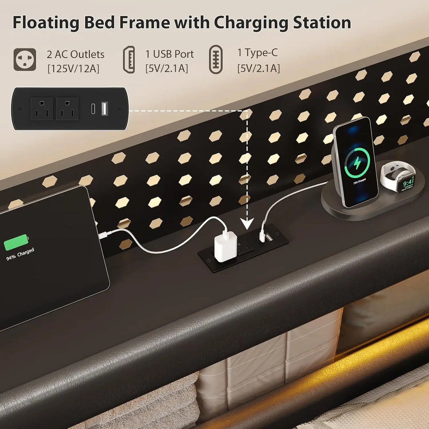 Floating Bed Frame King with Storage Headboard