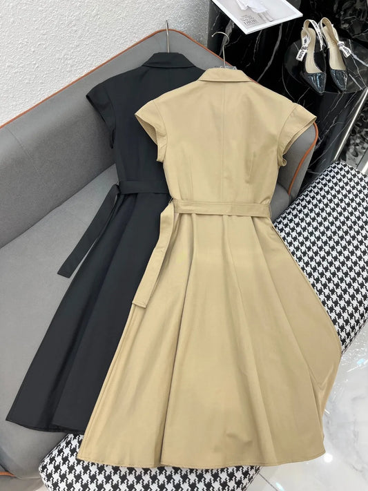 Khaki lapel sleeveless dress for women's summer