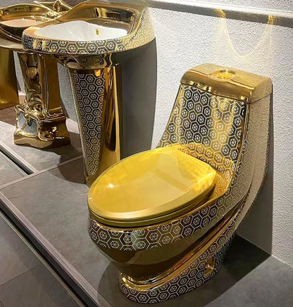 Bathroom Ceramic Cylindrical Wash Basin Gold Toilet Set