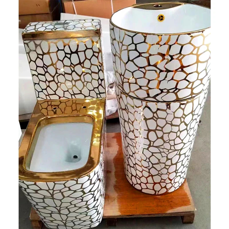 Bathroom Ceramic Cylindrical Wash Basin Gold Toilet Set
