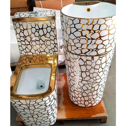 Bathroom Ceramic Cylindrical Wash Basin Gold Toilet Set
