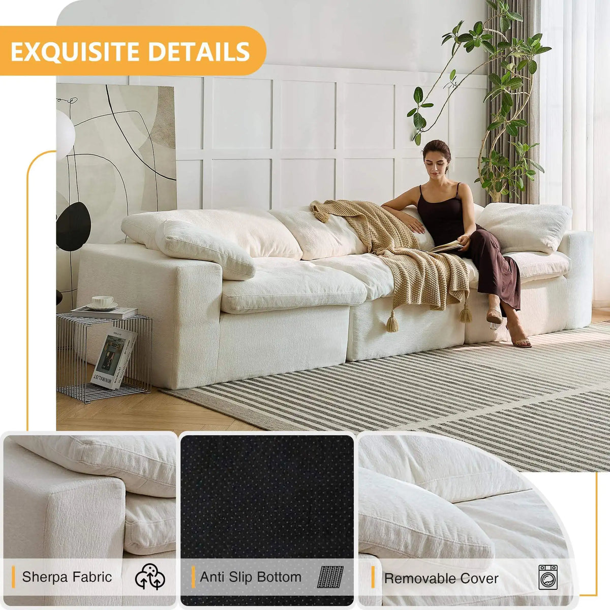 Free Shipping in Stock Compressed Sofa Extra Large 120-Inch White Modular with Plush Cushions for Living Room Set