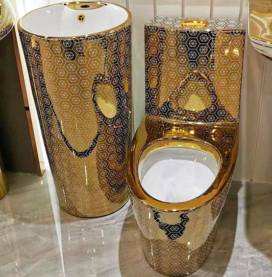 Bathroom Ceramic Cylindrical Wash Basin Gold Toilet Set