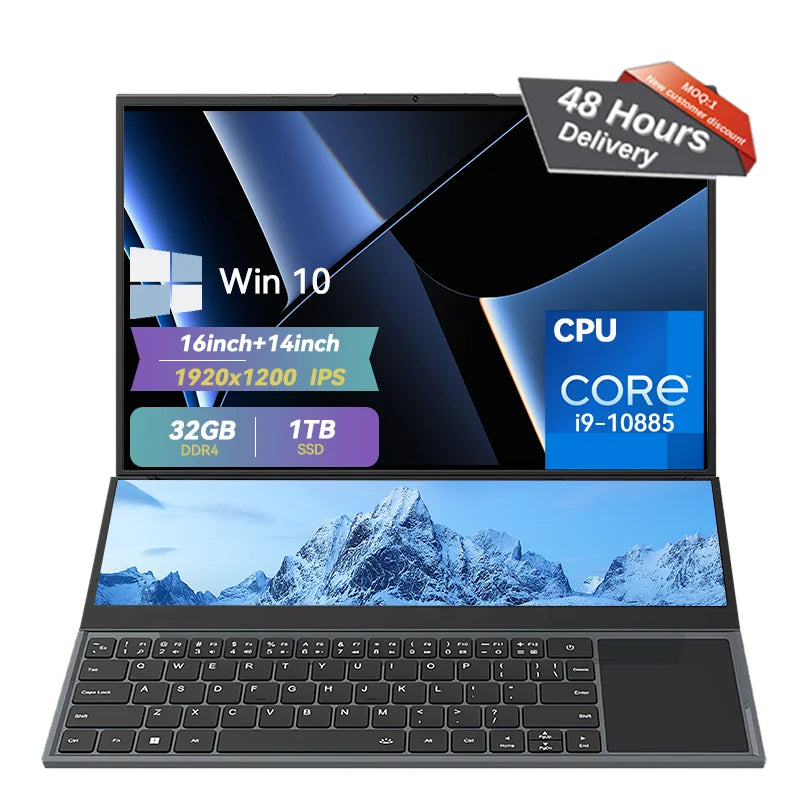 Brand New CPU I7-9850H Win11 Laptop Dual Screen 16+14inch Touchscreen 1920x1200 Gaming Laptops Computer Pc