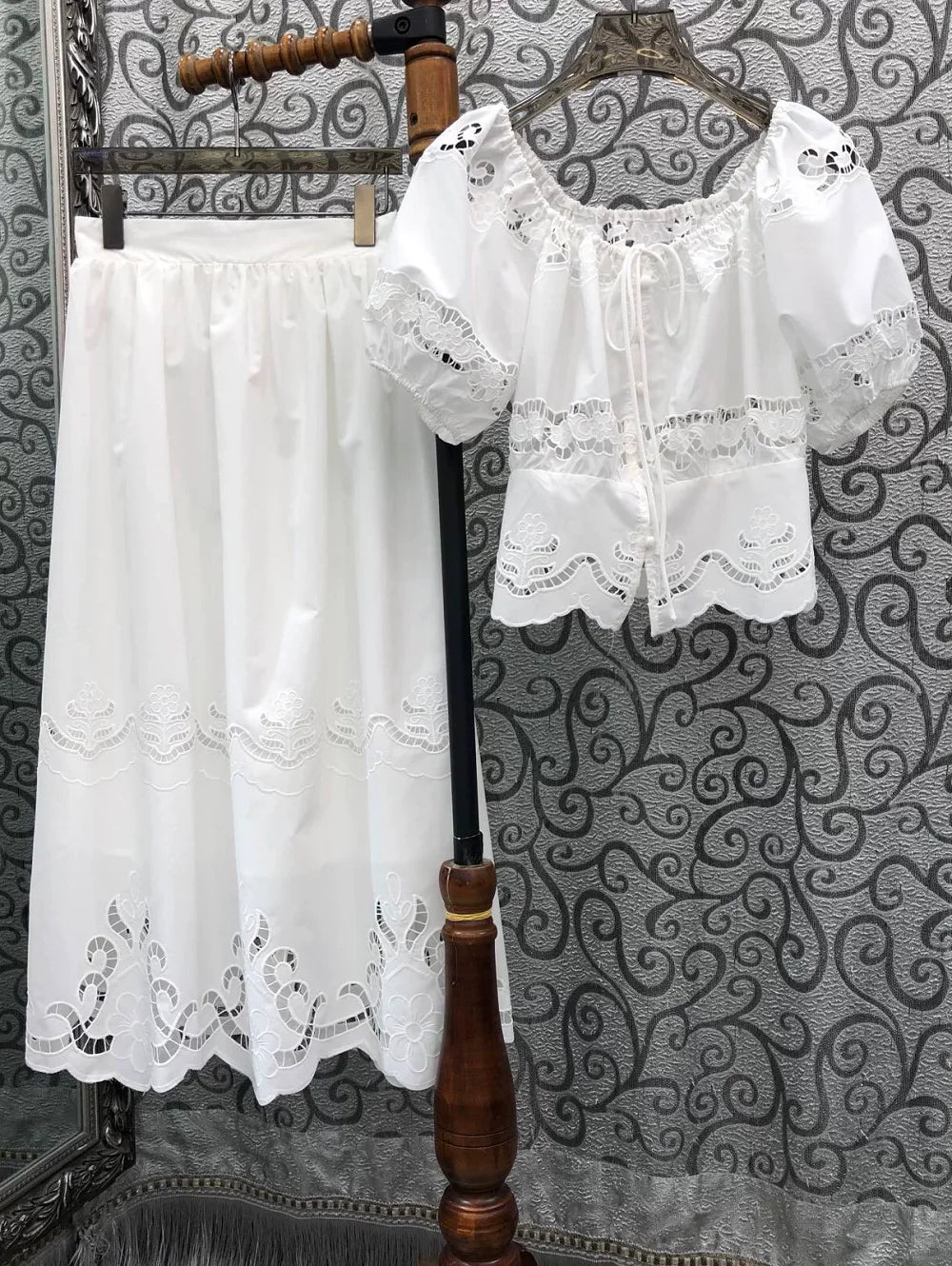 High Quality Designer Clothes Set 2026 Summer Fashion Skirt Suit Women Hollow Out Embroidery White Tops Blouse+Long Skirt Sets