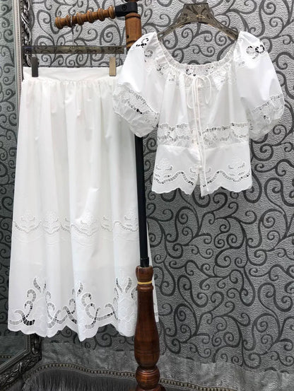 High Quality Designer Clothes Set 2026 Summer Fashion Skirt Suit Women Hollow Out Embroidery White Tops Blouse+Long Skirt Sets