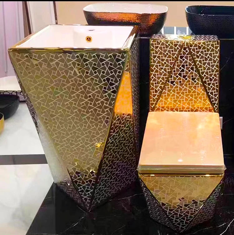 Bathroom Ceramic Cylindrical Wash Basin Gold Toilet Set