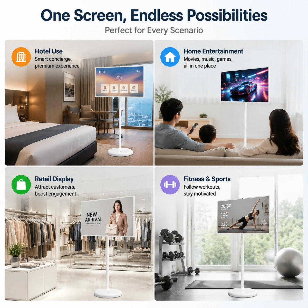 32 Inch Rolling Movable Smart TV Portable Smart DISPLAY, Android TV Touch Screen & Battery for Auto 4S Store & Vehicle Service