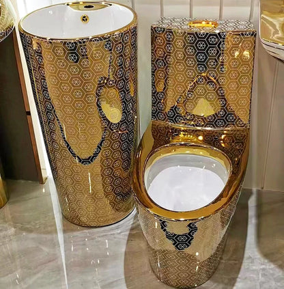Bathroom Ceramic Cylindrical Wash Basin Gold Toilet Set