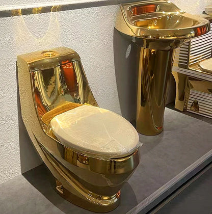 Bathroom Ceramic Cylindrical Wash Basin Gold Toilet Set