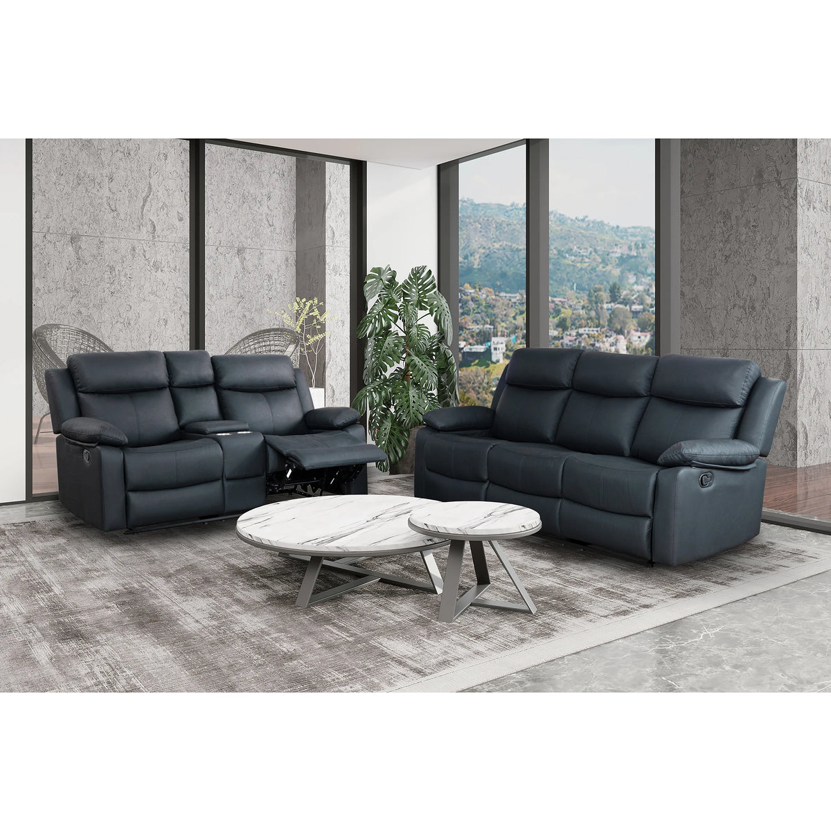 Blanche Black 2PC Modern Adjustable Reclining Sofa and Loveseat with LED Lights and Speakers Eco-Friendly Living Room Set