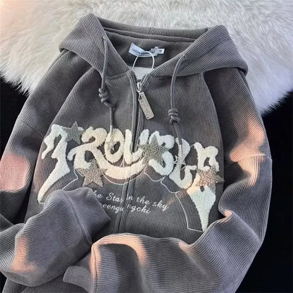 Corduroy Embroidery Loose Hoodies Women Autumn Long