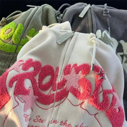 Corduroy Embroidery Loose Hoodies Women Autumn Long