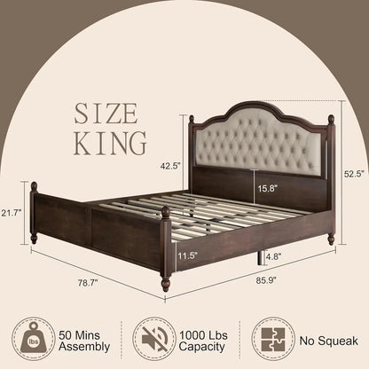 Solid Wood Bed Frame Queen Size, Transitional
