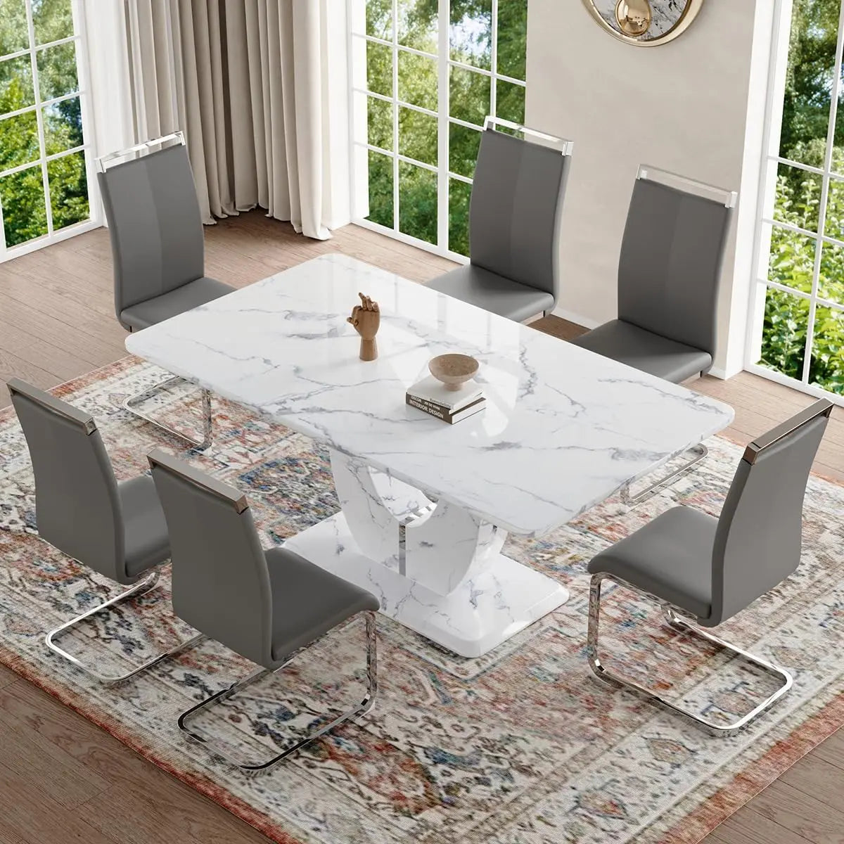 Dining Table Set 6,White Faux Marble Dining
