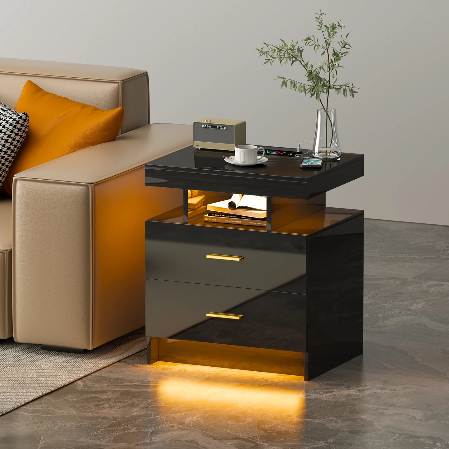 JDPAG LED Nightstand, RGB Black Night Stand