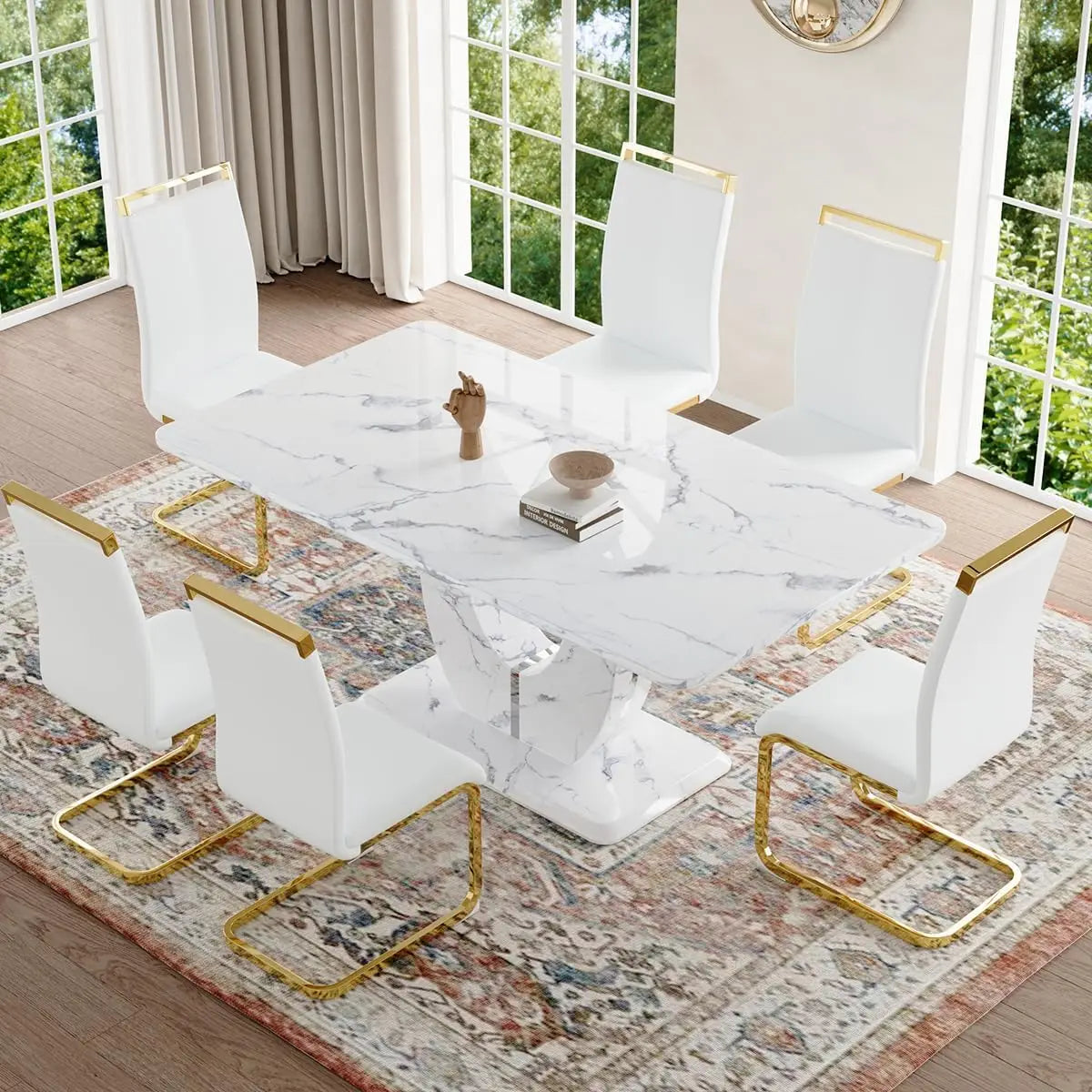 Dining Table Set 6,White Faux Marble Dining