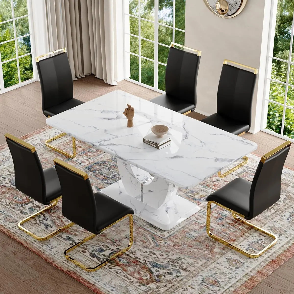 Dining Table Set 6,White Faux Marble Dining