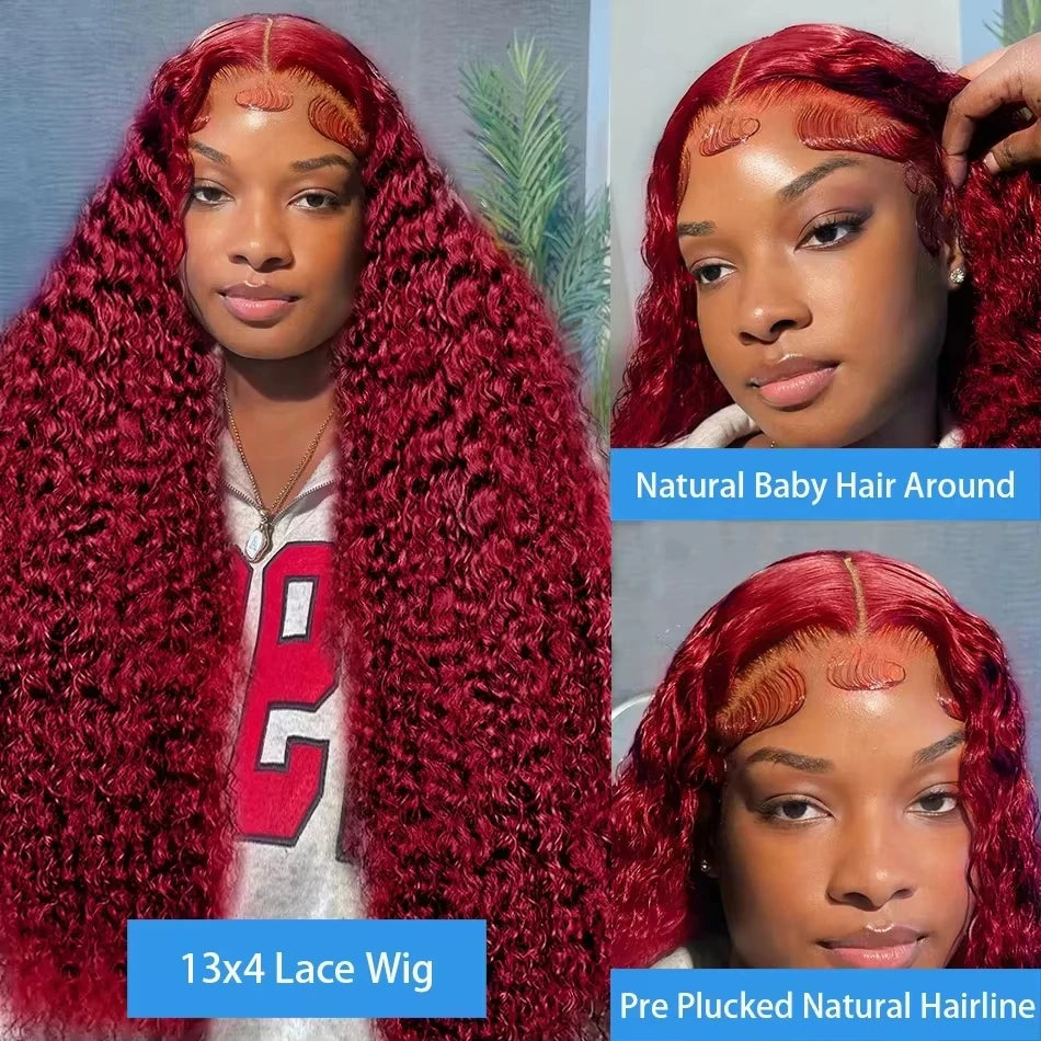 Human Hair Wig Burgundy Deep Wave 13x6