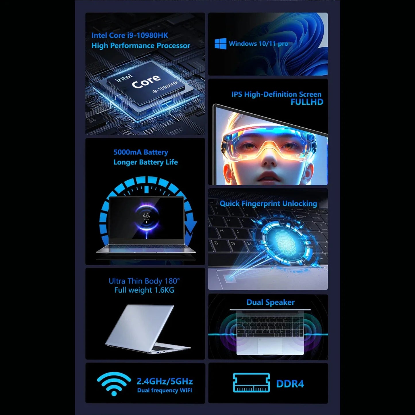 15.6 Inch LENO Laptop Windows 11 Pro Intel Core i9-10980HK 32GB DDR4 M.2 2048GB SSD Ultrabook Fingerprint Unlock WIFI 5 BT