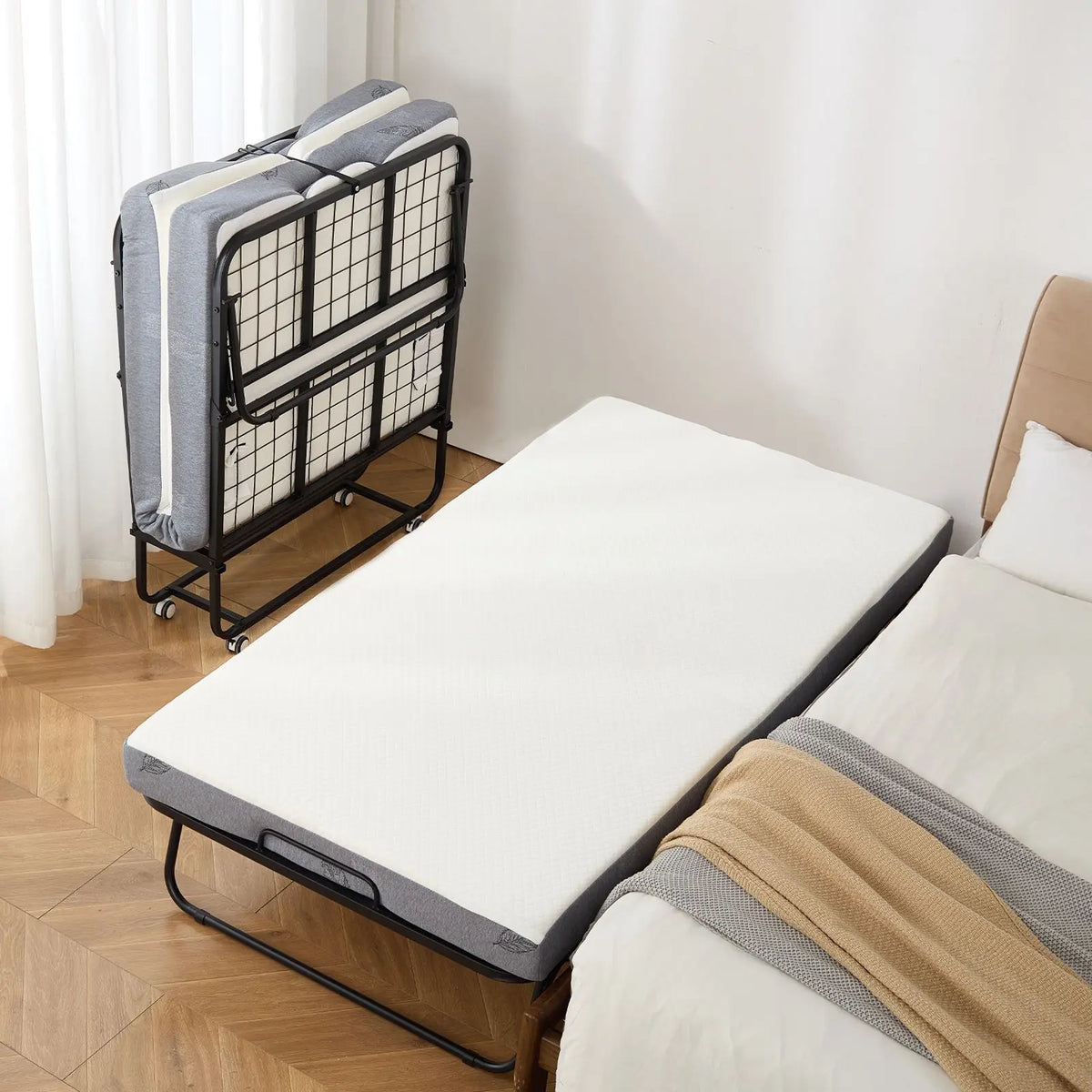 Twin Size Rollaway Bed 38 in X 75 in Sturdy Metal Frame Foldable Bed with 5 Memory Foam Mattress 38 X 75 Folding Bed 5 Mattress