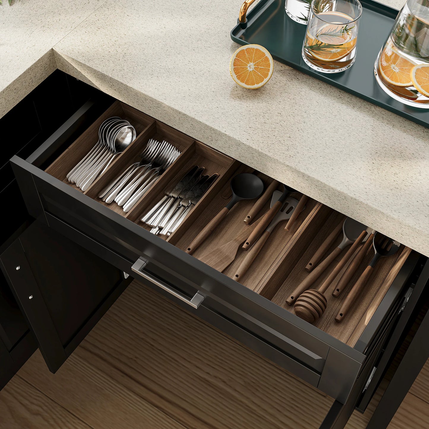 Modern 4-door pantry cabinet with 2 drawers