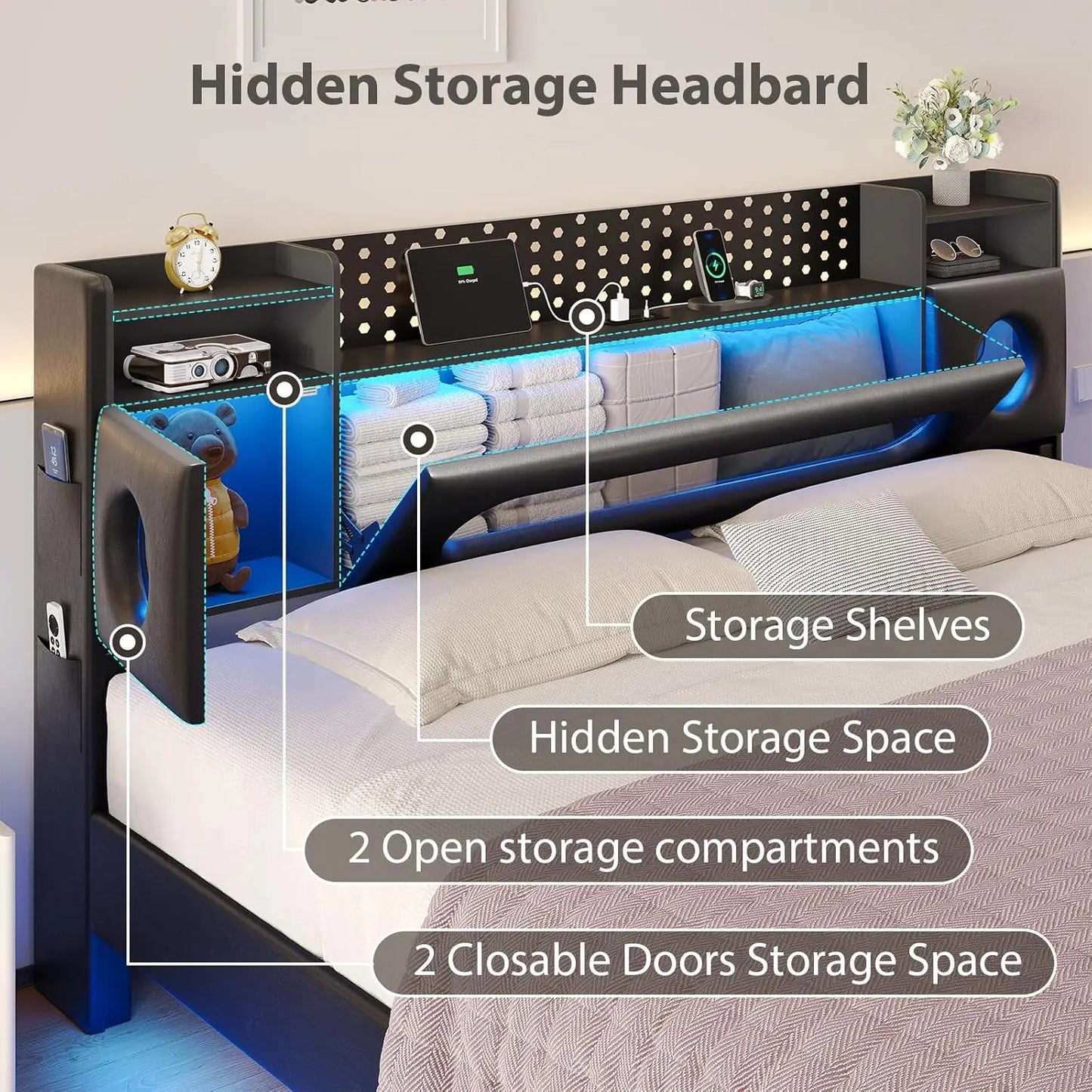 Floating Bed Frame King with Storage  Headboard