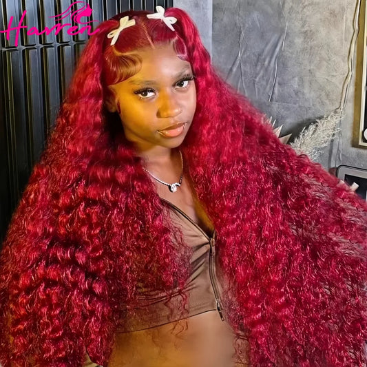 Human Hair Wig Burgundy Deep Wave 13x6