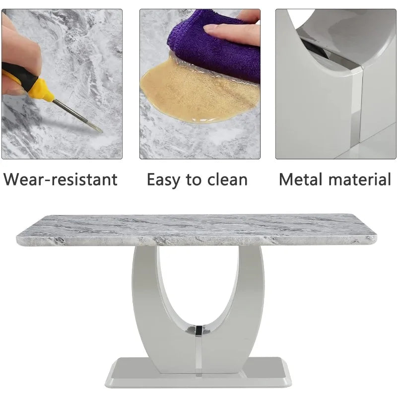 Gray 6-Person Dining Table Set - Faux Marble Top, PU Leather Chairs