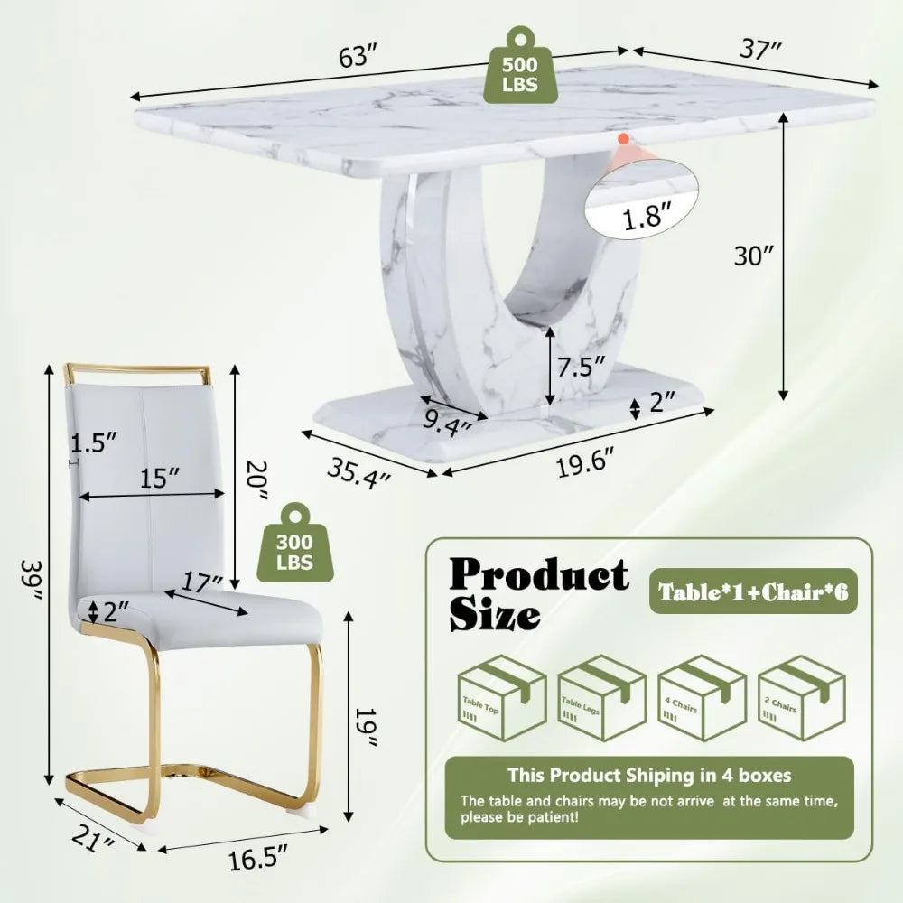 Dining Table Set 6,White Faux Marble Dining