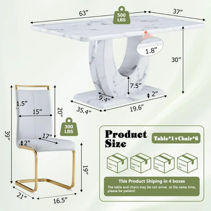 Dining Table Set 6,White Faux Marble Dining