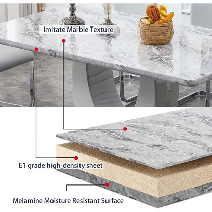 Gray 6-Person Dining Table Set - Faux Marble Top, PU Leather Chairs
