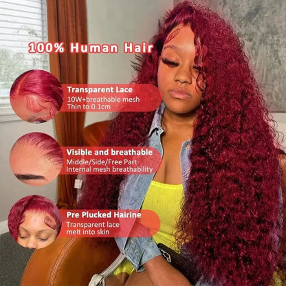 Human Hair Wig Burgundy Deep Wave 13x6