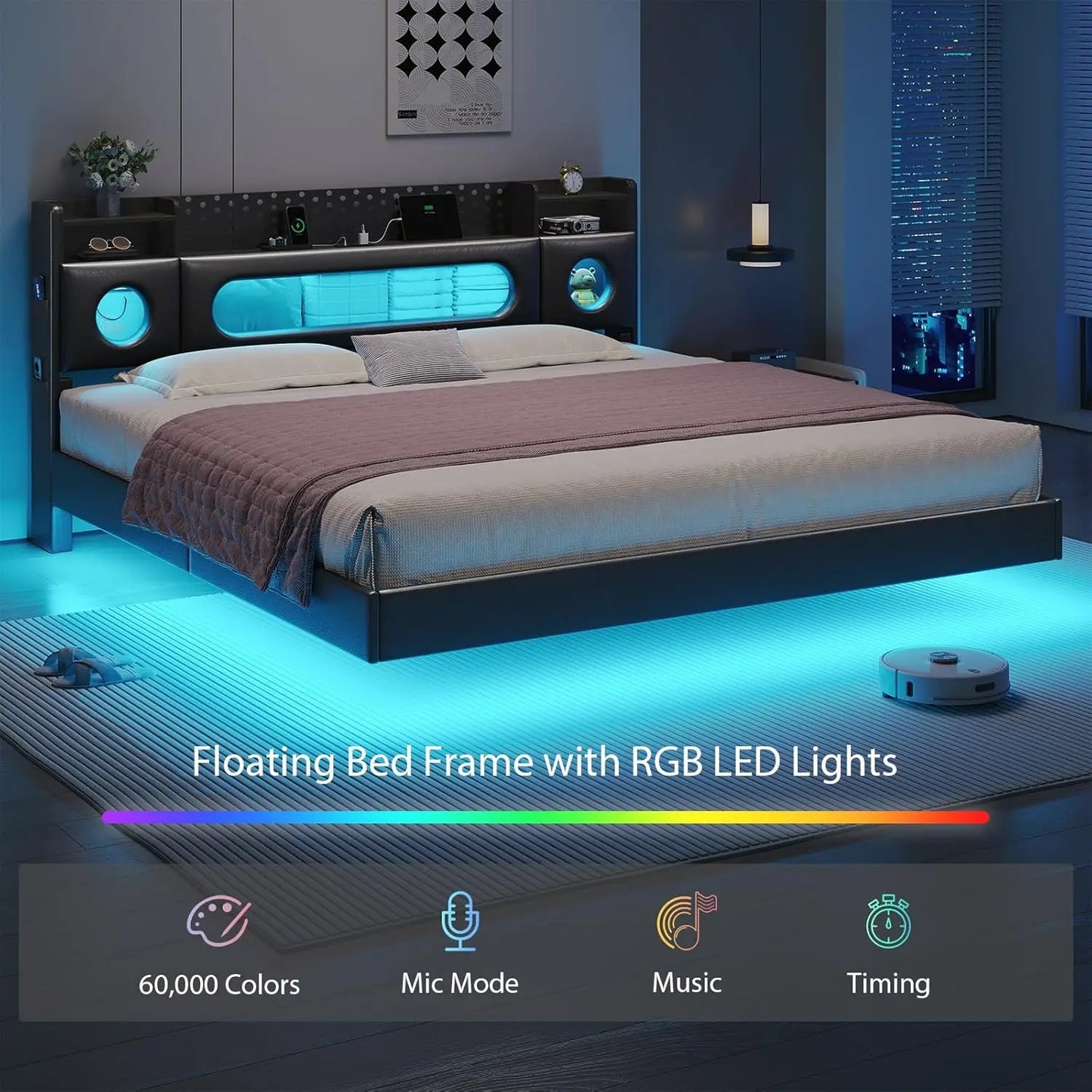 Floating Bed Frame King with Storage  Headboard