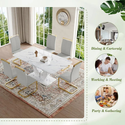 Dining Table Set 6,White Faux Marble Dining