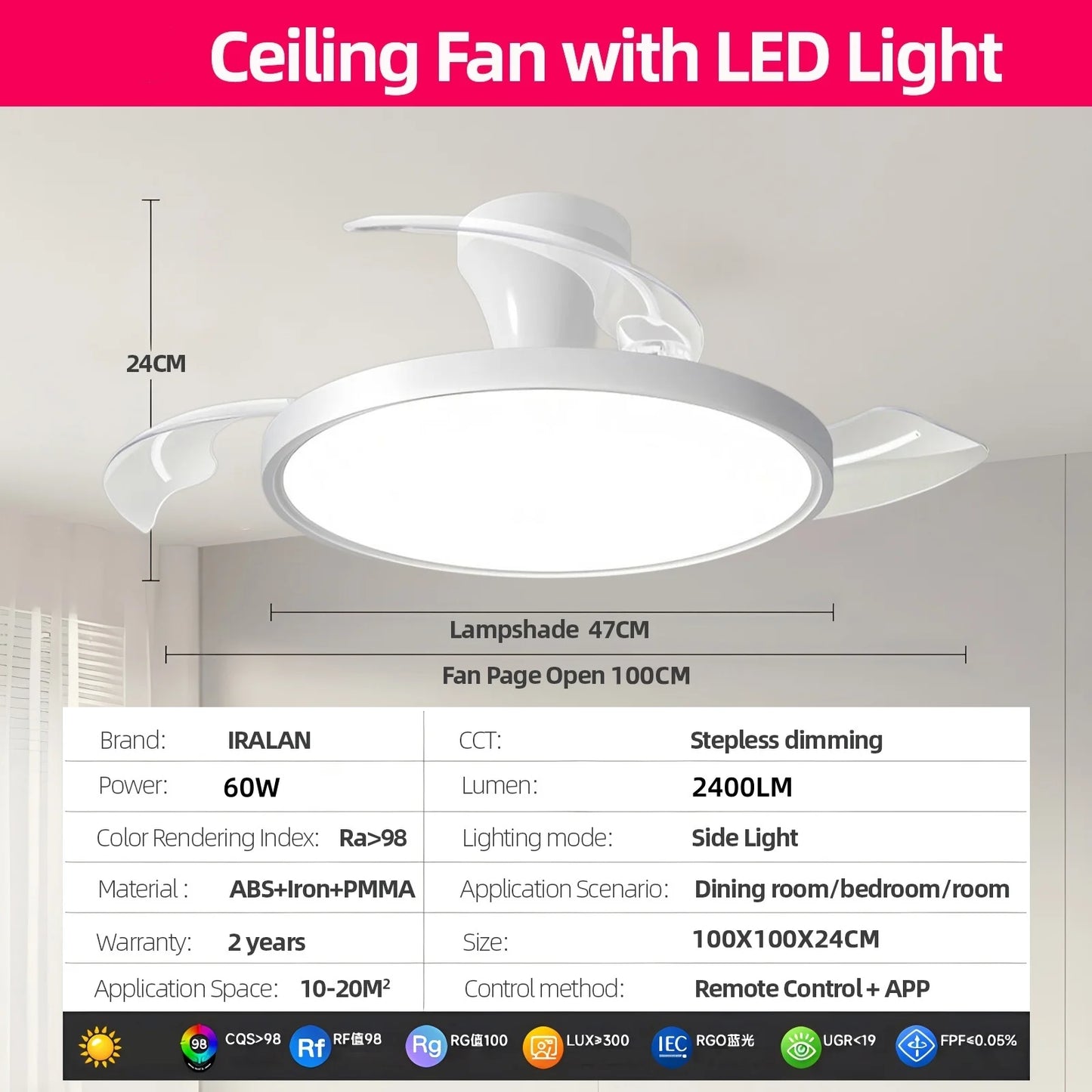 Silent Electric Fan with LED Lamp Smart Remote