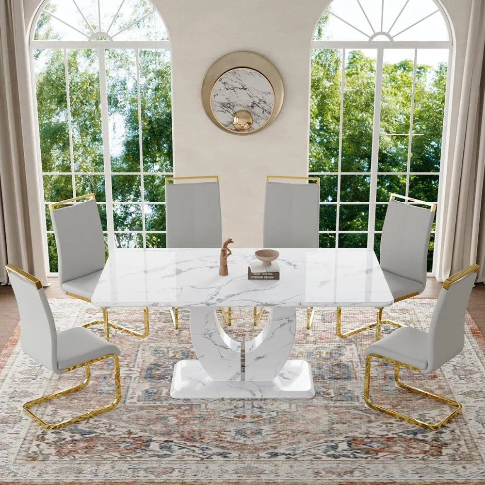 Dining Table Set 6,White Faux Marble Dining
