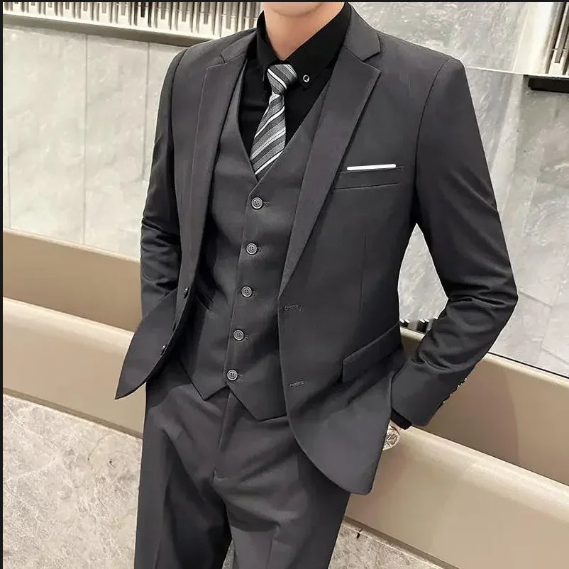 Suit (Blazer+ Vest + Trousers) Men's Fashionable Gentleman Business British Style