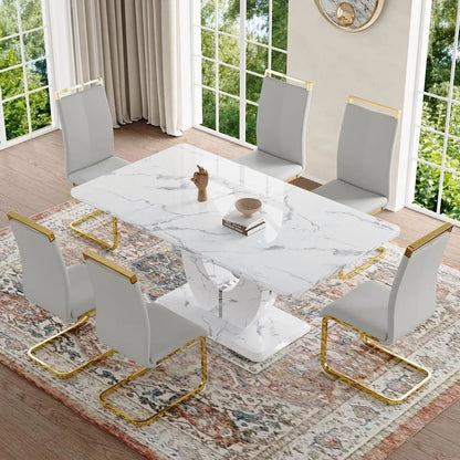 Dining Table Set 6,White Faux Marble Dining