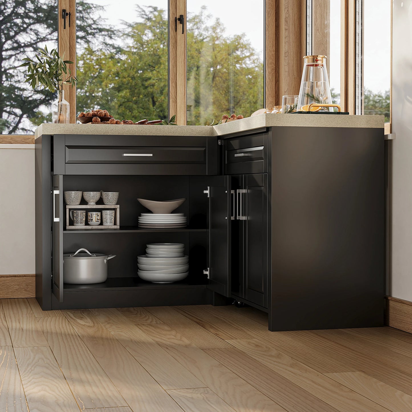 Modern 4-door pantry cabinet with 2 drawers