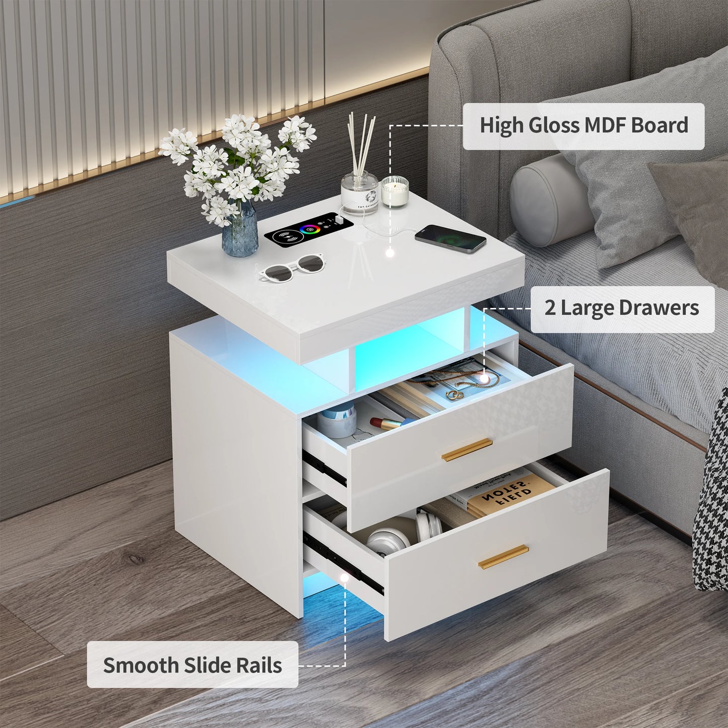 JDPAG LED Nightstand, RGB Black Night Stand
