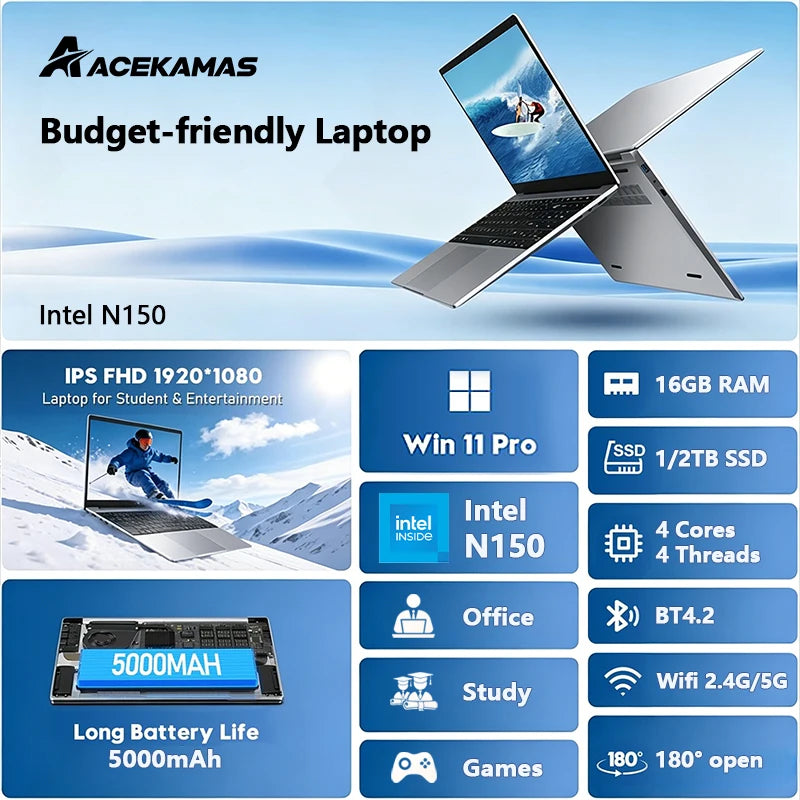 New Laptop Gaming Intel N150 Windows 11 Pro 16GB RAM 1TB 2TB SSD Computer PC 1920*1080 HD Office Study 14.1" Laptops Notebook PC