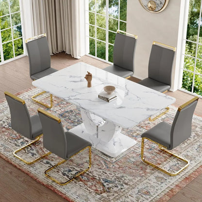 Dining Table Set 6,White Faux Marble Dining