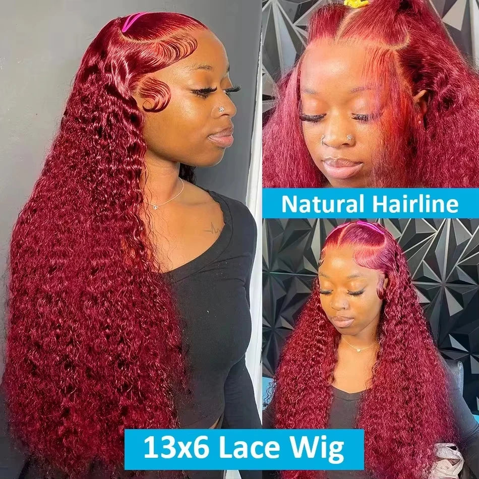 Human Hair Wig Burgundy Deep Wave 13x6